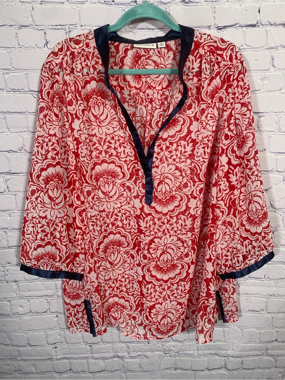 Susan Graver Womens Sheer Floral 3/4 Sleeve Top Red Blue Sz 3X Sheer Lighweight
